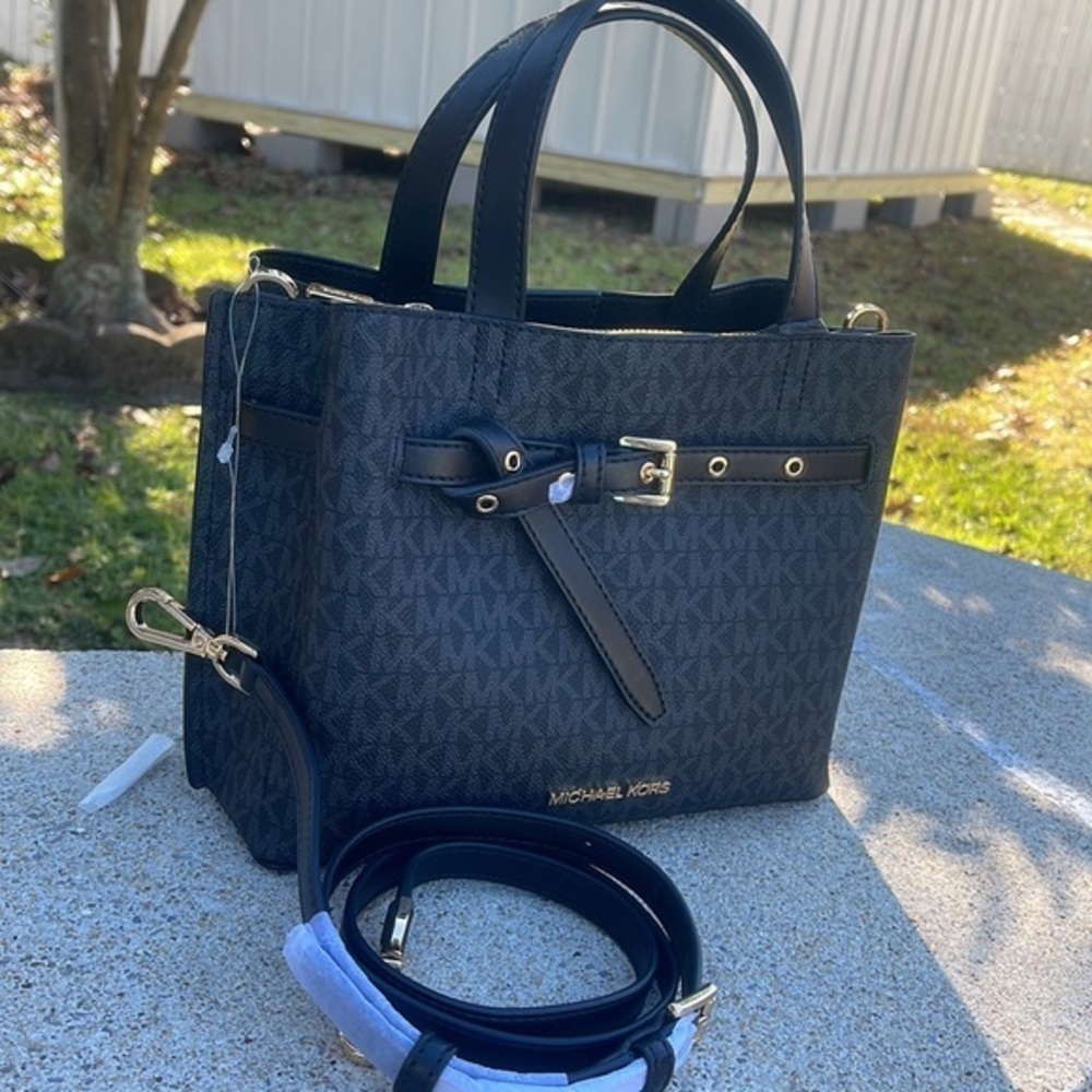 Michael Kors Small Satchel Crossbody Bag Black MK Signature - Picture 3 of 12